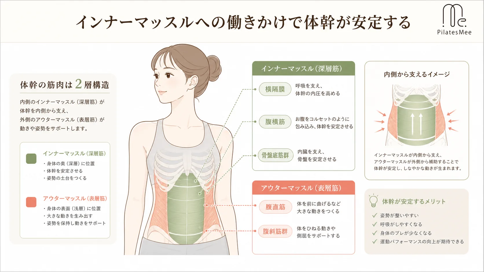 インナーマッスルへの働きかけで体幹が安定する インナーマッスルへの働きかけで体幹が安定するを説明するPilates Meeの記事内画像