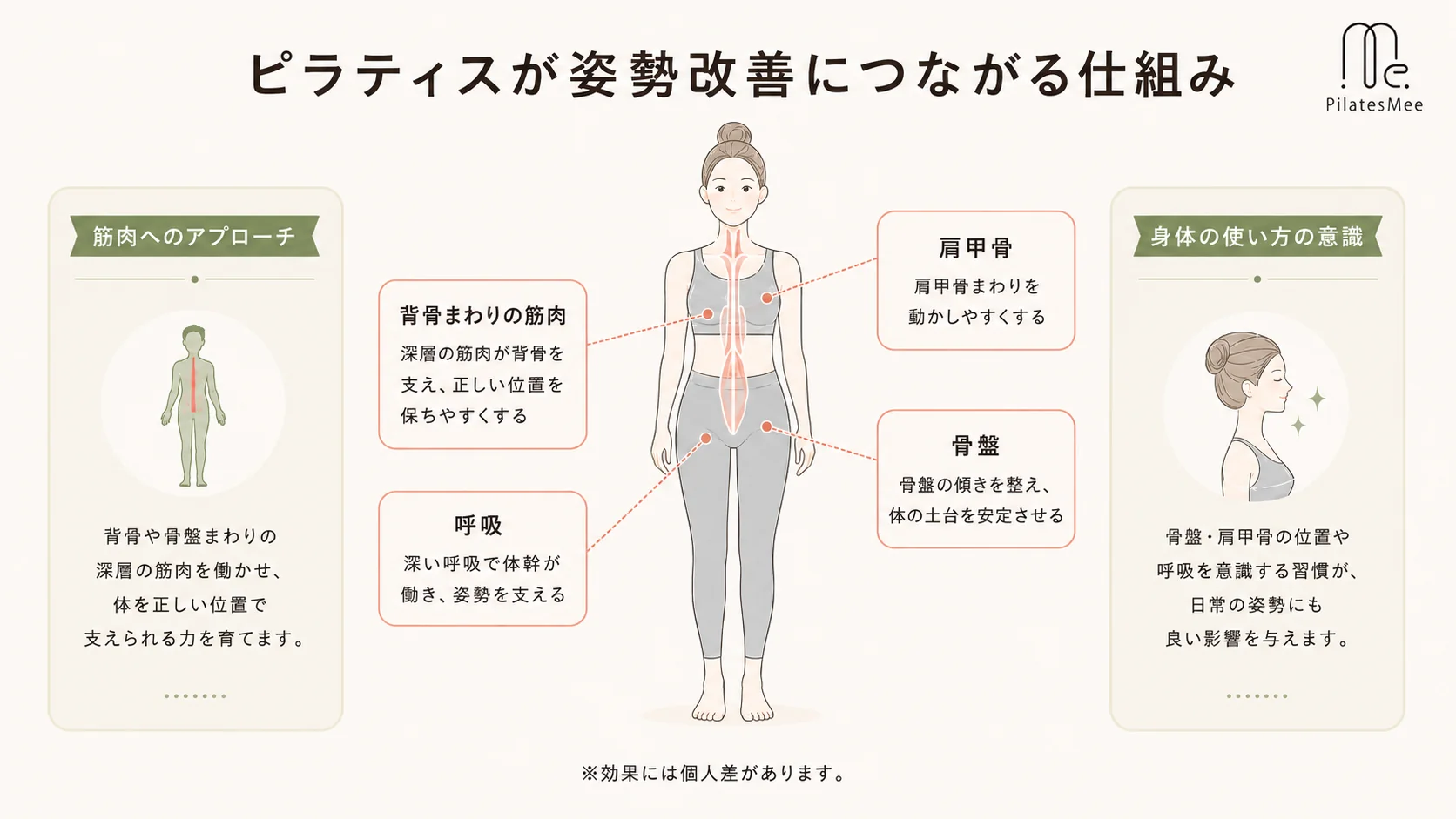 ピラティスはなぜ姿勢改善につながるのか ピラティスはなぜ姿勢改善につながるのかを説明するPilates Meeの記事内画像
