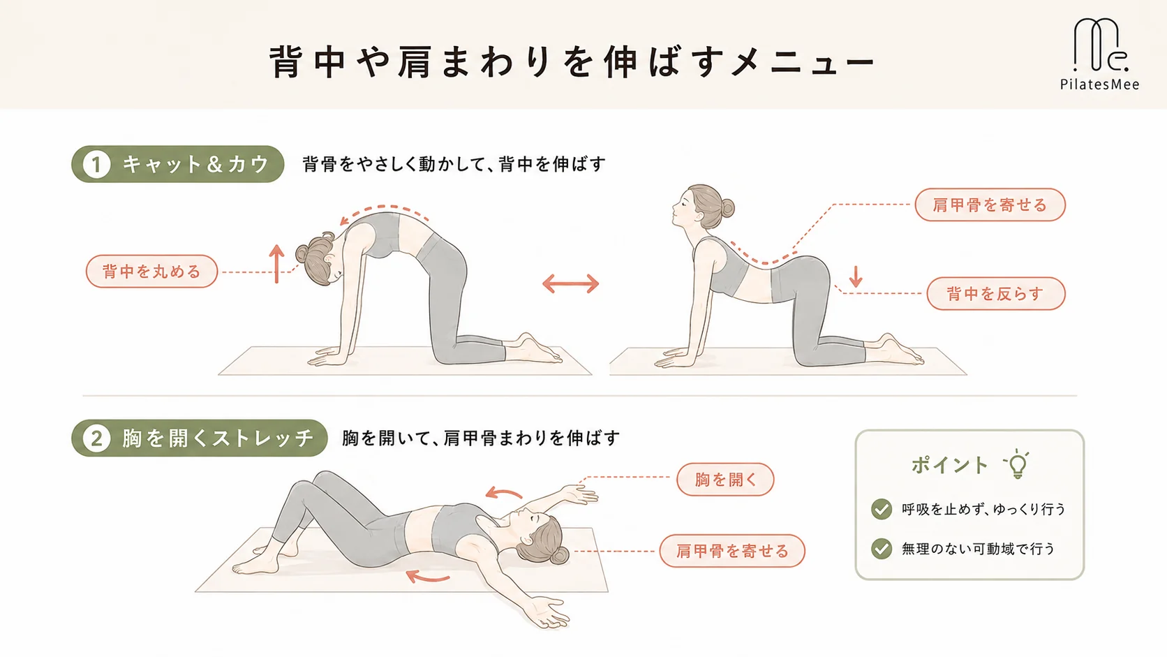 背中や肩まわりを伸ばすメニュー 背中や肩まわりを伸ばすメニューを説明するPilates Meeの記事内画像